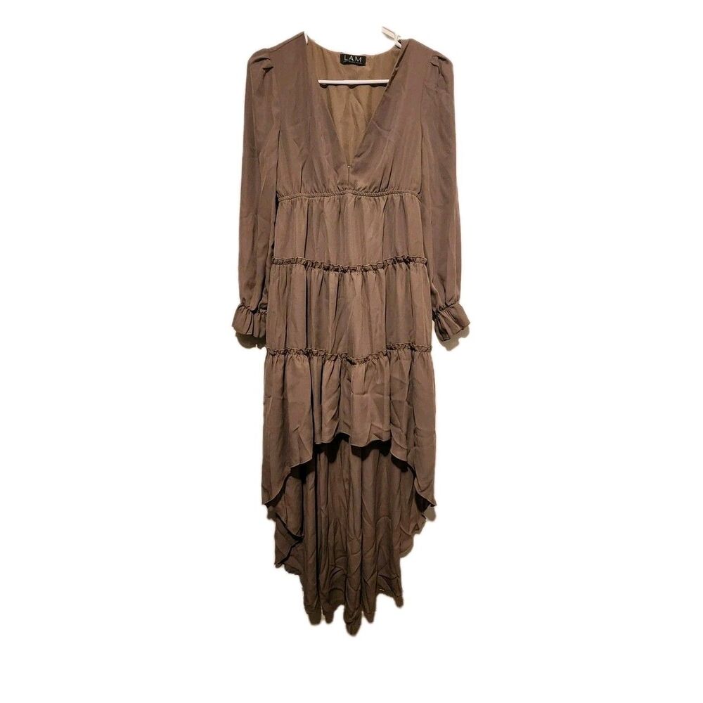 High-low midi dress w/ a tiered ruffled skirt and a V-neck Independent Boutique